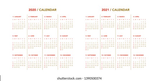 Simple calendar Layout for 2020 and 2021 years. Week starts from Sunday.