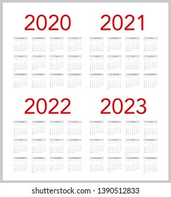 Simple calendar Layout for 2020, 2021, 2022 and 2023 years. Week starts from Sunday.