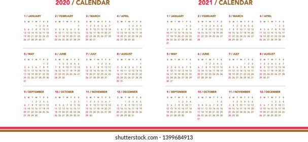 Simple calendar Layout for 2020 and 2021 years. Week starts from Sunday.