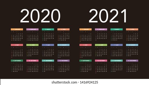 Simple calendar Layout for 2020 and 2021 years. Week starts from Sunday.