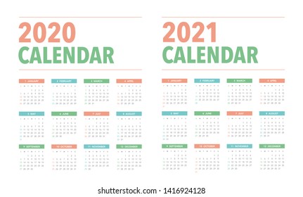Simple calendar Layout for 2020 and 2021 years. Week starts from Sunday.