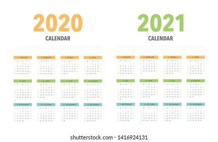 Simple calendar Layout for 2020 and 2021 years. Week starts from Sunday.