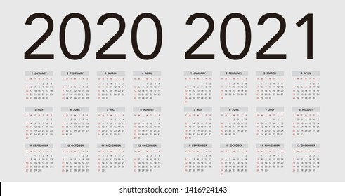 Simple calendar Layout for 2020 and 2021 years. Week starts from Sunday.