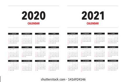 Simple Calendar Layout For 2020 And 2021 Years. Week Starts From Sunday.