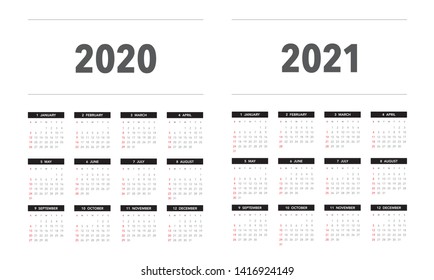 Simple calendar Layout for 2020 and 2021 years. Week starts from Sunday.