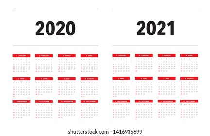 Simple calendar Layout for 2020 and 2021 years. Week starts from Sunday.