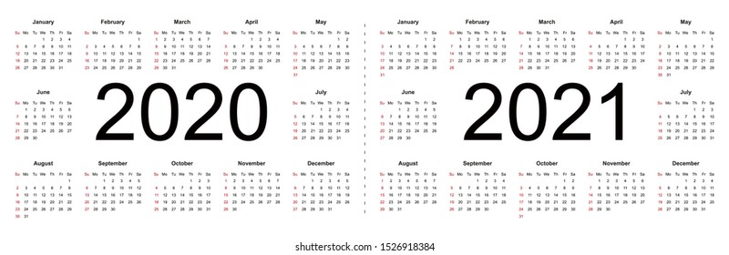 Simple calendar Layout for 2020 and 2021 years. Week starts from Sunday. Isolated vector illustration on white background.