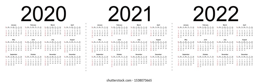 Simple calendar Layout for 2020, 2021 and 2022 years. Week starts from Sunday. Isolated vector illustration on white background.