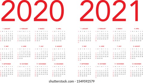 Simple calendar Layout for 2020 and 2021 years. Week starts from Sunday.