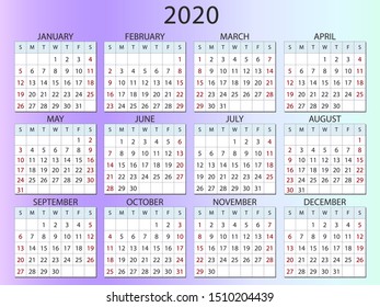 Simple calendar Layout for 2020. Week starts from Sunday, business template. Vector illustration