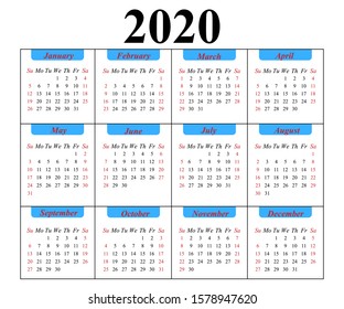 Simple calendar layout for 2020 the Week starts on Sunday