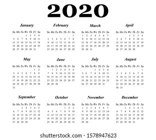 Simple calendar layout for 2020 the Week starts on Sunday.
