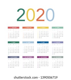 Simple calendar Layout for 2020 years. Week starts from Sunday.