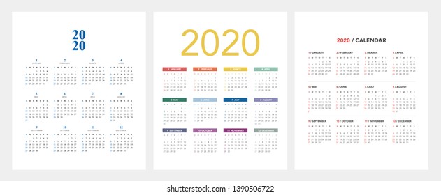 Simple calendar Layout for 2020 years. Week starts from Sunday.