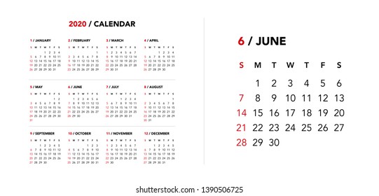 Simple calendar Layout for 2020 years. Week starts from Sunday.