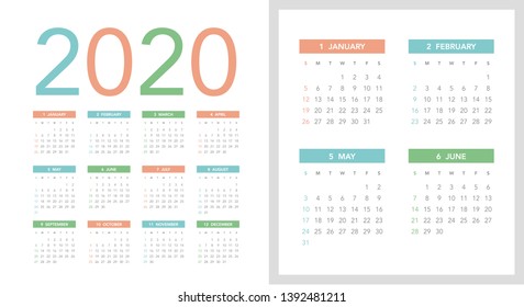 Simple calendar Layout for 2020 years. Week starts from Sunday.