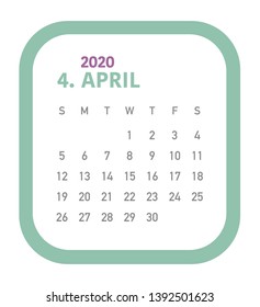 Simple calendar Layout for 2020 years. Week starts from Sunday.