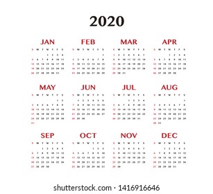 Simple calendar Layout for 2020 years. Week starts from Sunday.