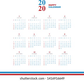 Simple calendar Layout for 2020 years. Week starts from Sunday.