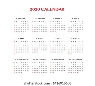 Simple calendar Layout for 2020 years. Week starts from Sunday.