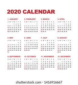 Simple calendar Layout for 2020 years. Week starts from Sunday.