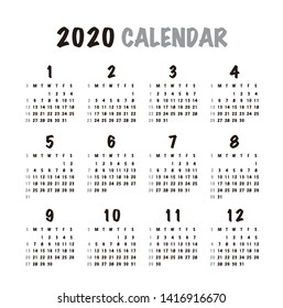 Simple calendar Layout for 2020 years. Week starts from Sunday.