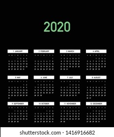 Simple calendar Layout for 2020 years. Week starts from Sunday.
