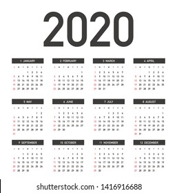Simple calendar Layout for 2020 years. Week starts from Sunday.