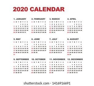 Simple calendar Layout for 2020 years. Week starts from Sunday.