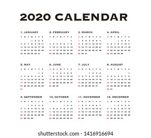 Simple calendar Layout for 2020 years. Week starts from Sunday.