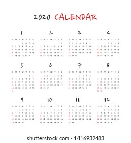 Simple calendar Layout for 2020 years. Week starts from Sunday.