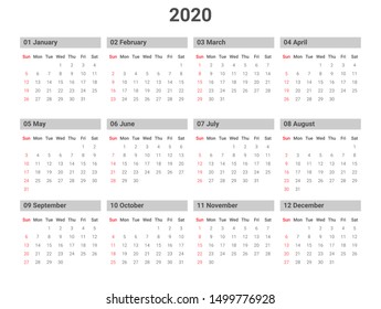 Simple calendar Layout for 2020 years. Week starts from Sunday.