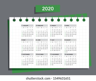 Simple calendar Layout for 2020 years. Week starts from Sunday.