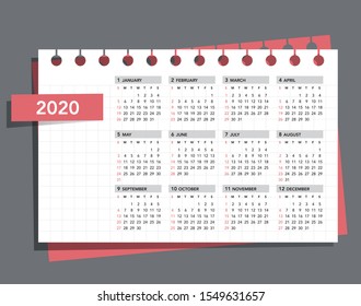 Simple calendar Layout for 2020 years. Week starts from Sunday.