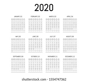 Simple calendar layout for 2020 years with horizontal and vertical dividing lines. Week starts from Monday. Calendar design in black and white colors. Vector illustrations