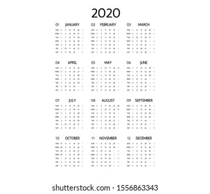 Simple calendar layout for 2020 years. Week starts from Sunday. Calendar design in black and white colors. Vector illustrations