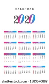 Simple calendar Layout for 2020 years. calendar 2020 vector template. Week starts from Sunday.