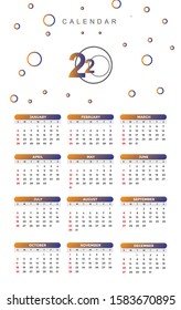 Simple calendar Layout for 2020 years. calendar 2020 vector template. Week starts from Sunday.