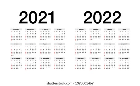 Simple calendar Layout for 2021 and 2022 years. Week starts from Sunday.