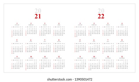 Simple calendar Layout for 2021 and 2022 years. Week starts from Sunday.