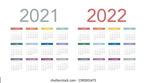 Simple calendar Layout for 2021 and 2022 years. Week starts from Sunday.