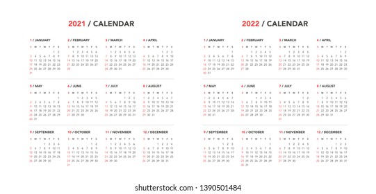 Simple calendar Layout for 2021 and 2022 years. Week starts from Sunday.