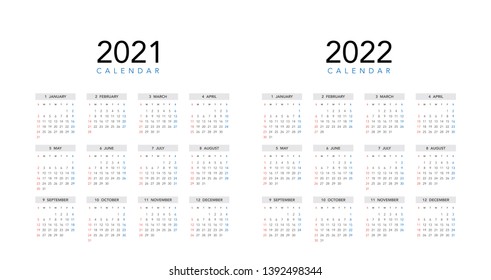 Simple calendar Layout for 2021 and 2022 years. Week starts from Sunday.