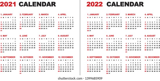 Simple calendar Layout for 2021 and 2022 years. Week starts from Sunday.