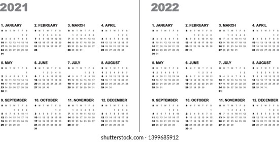 Simple calendar Layout for 2021 and 2022 years. Week starts from Sunday.