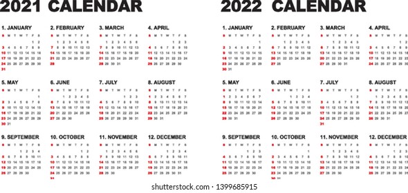 Simple calendar Layout for 2021 and 2022 years. Week starts from Sunday.