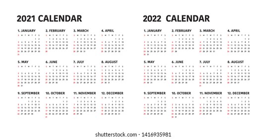 Simple calendar Layout for 2021 and 2022 years. Week starts from Sunday.
