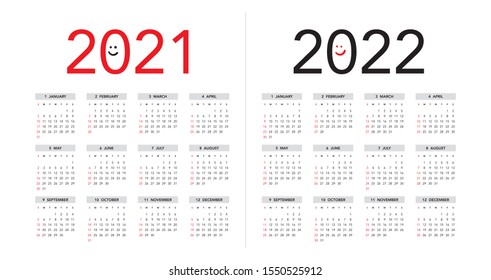 Simple calendar Layout for 2021 and 2022 years. Week starts from Sunday.