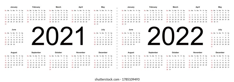 Simple calendar Layout for 2021 and 2022 years. Week starts from Sunday. Isolated vector illustration on white background.