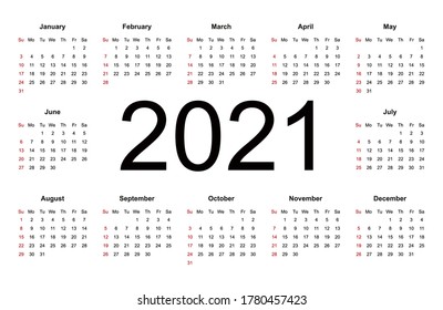 Diseño de calendario sencillo para 2021 año. La semana comienza el domingo. Ilustración vectorial aislada sobre fondo blanco.